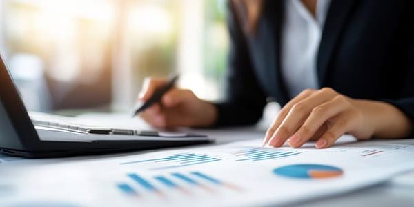 A business professional analyzes data on a laptop while taking n